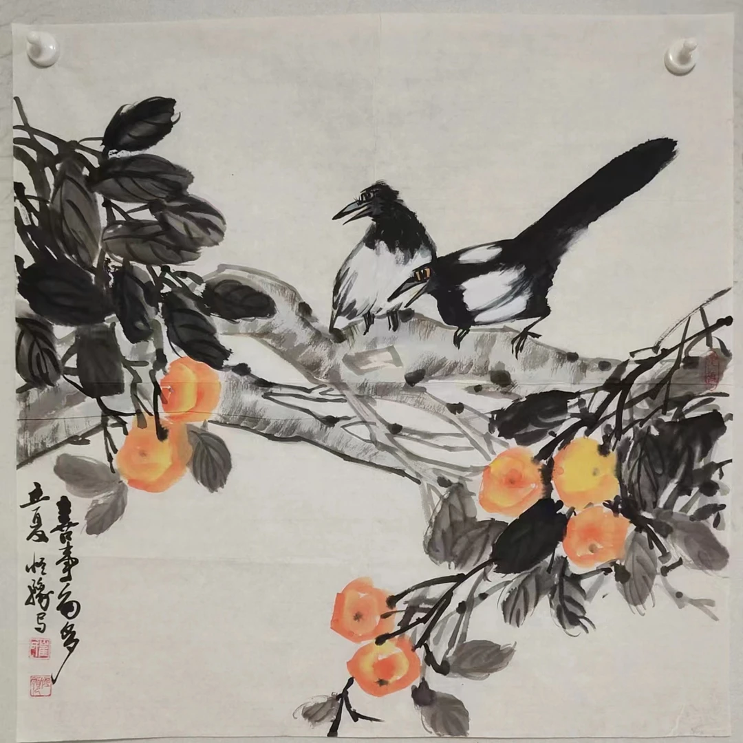 1837 纯手绘花鸟画《喜事多多》斗方  尺寸  68×68