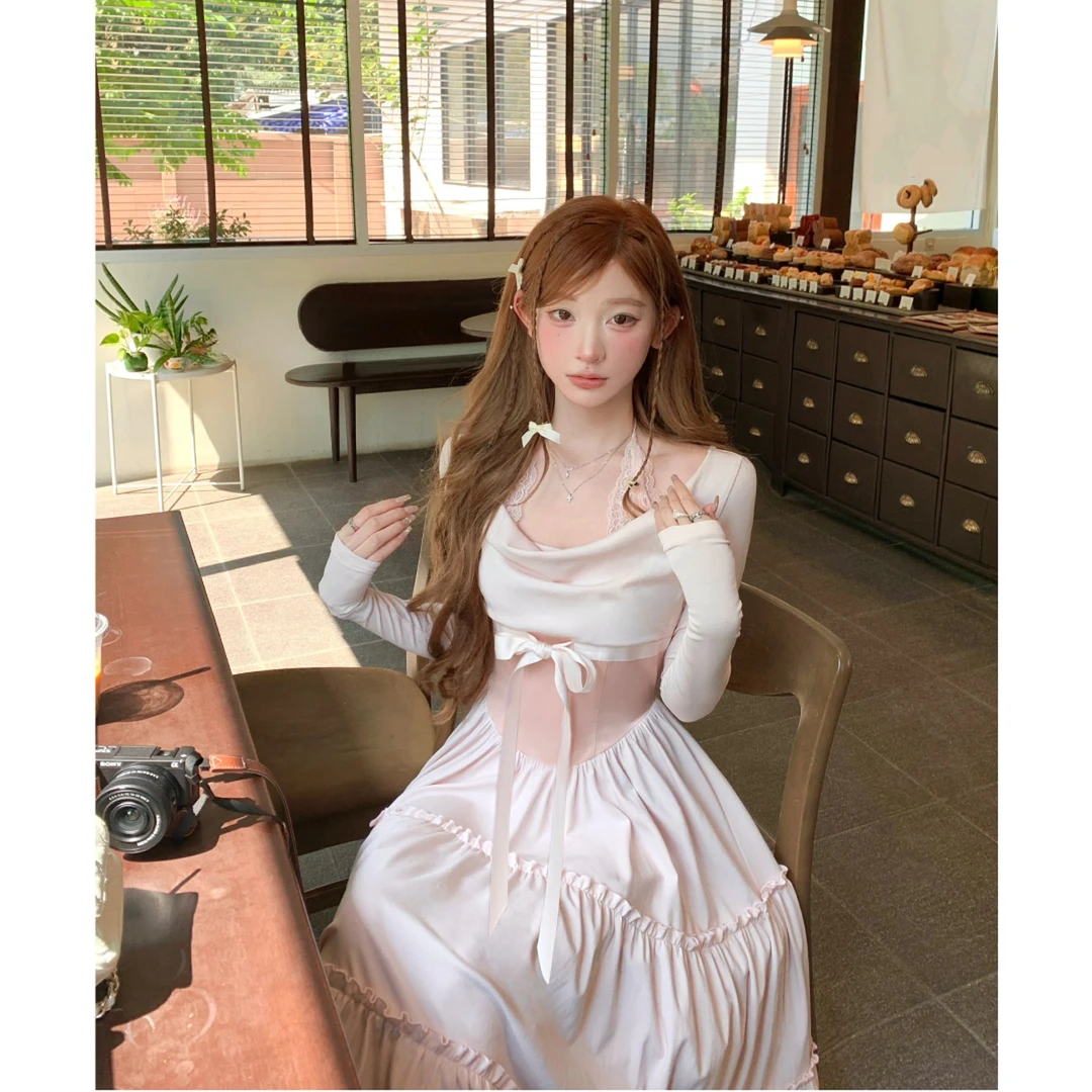 【糖糖】大码女装粉色荡领系带挂脖连衣裙收腰气质长裙12896