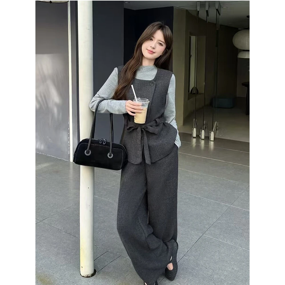〈纪朵研〉1466高级感长袖马甲阔腿裤三件套女韩系早秋穿搭轻熟套装