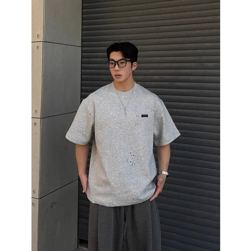 LIGGICC美式潮牌破洞撞色小众设计短袖男满天星潮牌重工艺扎染T恤
