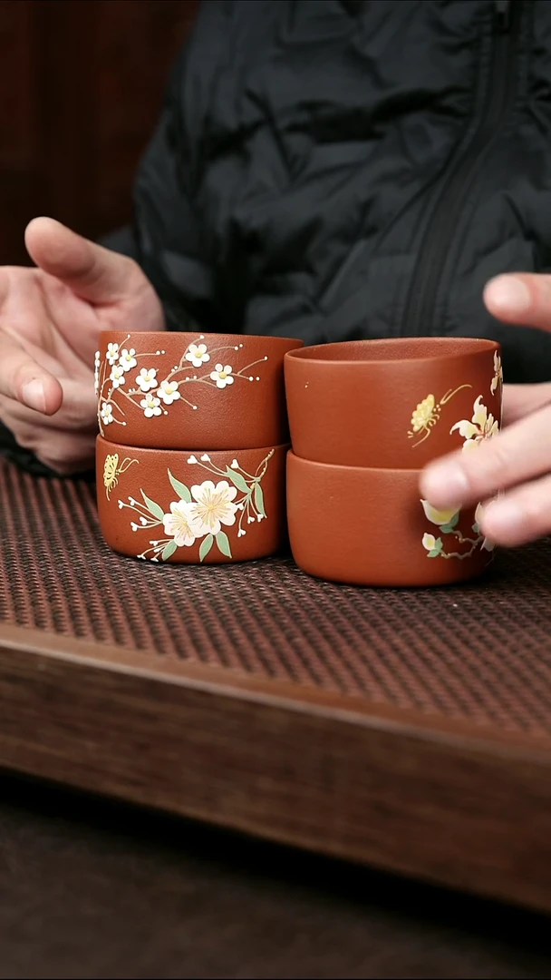 茶壶紫砂红降花开富贵杯*4+矿标证书