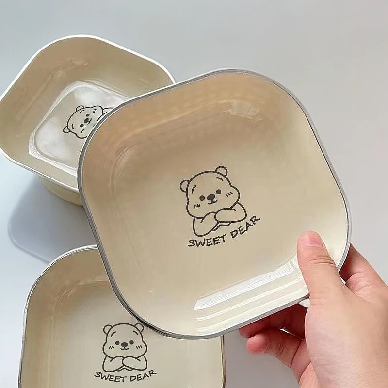 方形奶油小熊碟家用小盘子小碟子吐骨碟10个装小菜碟塑料水果盘