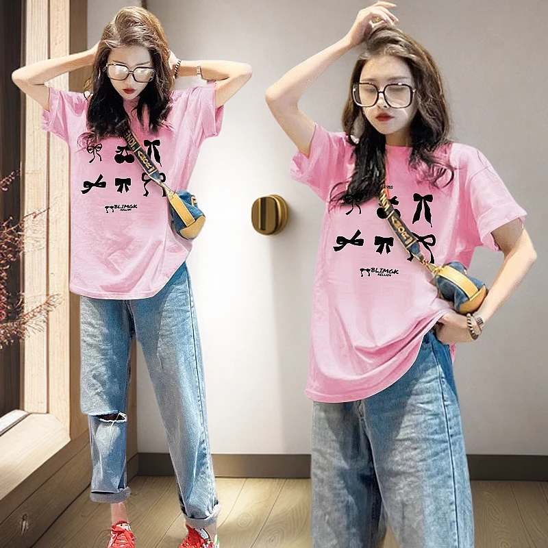 夏季洋气宽松大码蝴蝶结显瘦中长款ins气质高档t恤爆款时尚上衣女