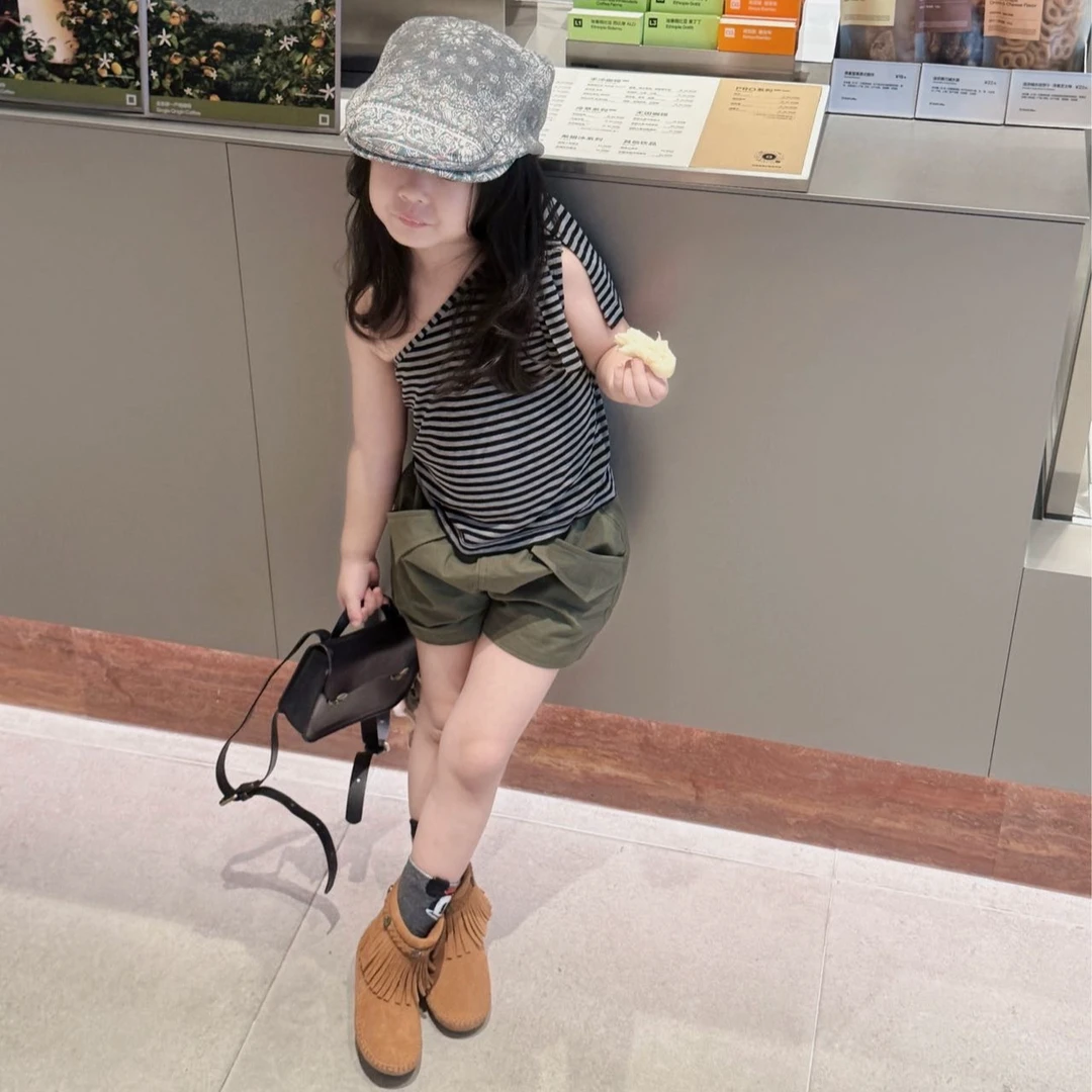 壹妈韩版童装女童夏装套装洋气时髦儿童无袖条纹背心上衣工装短裤