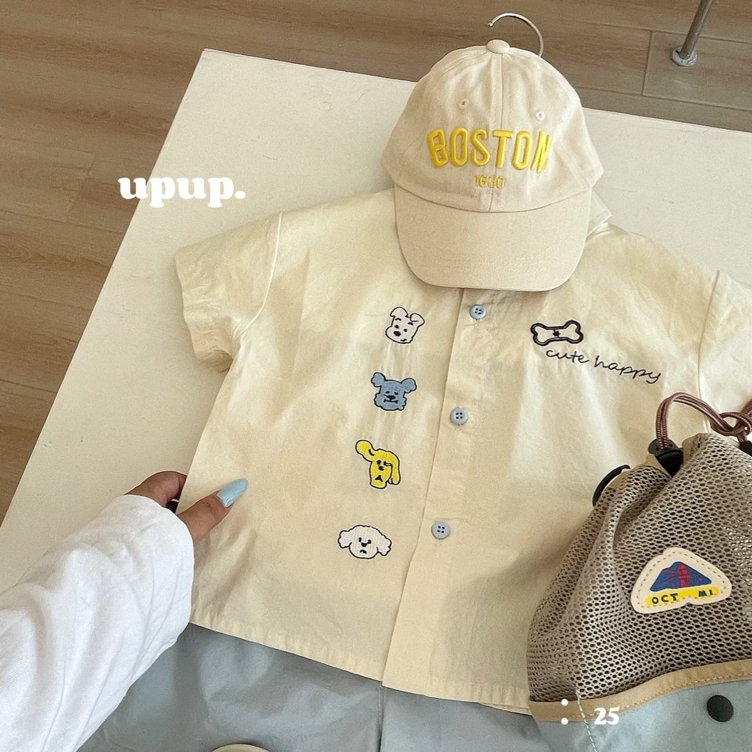 2025UPUP夏季新款小狗刺绣衬衫 小童中童男宝翻领儿童短袖男童