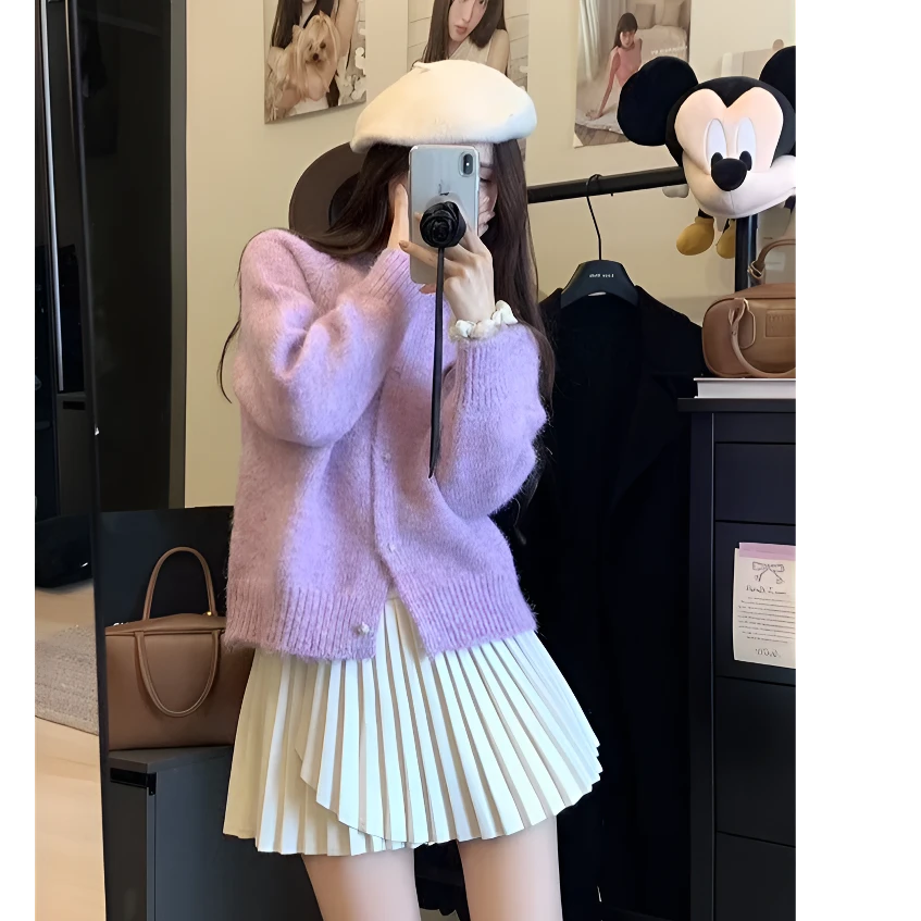 【主播推荐】熏衣紫~软糯圆领 春秋新款外套单排扣针织开衫上衣002