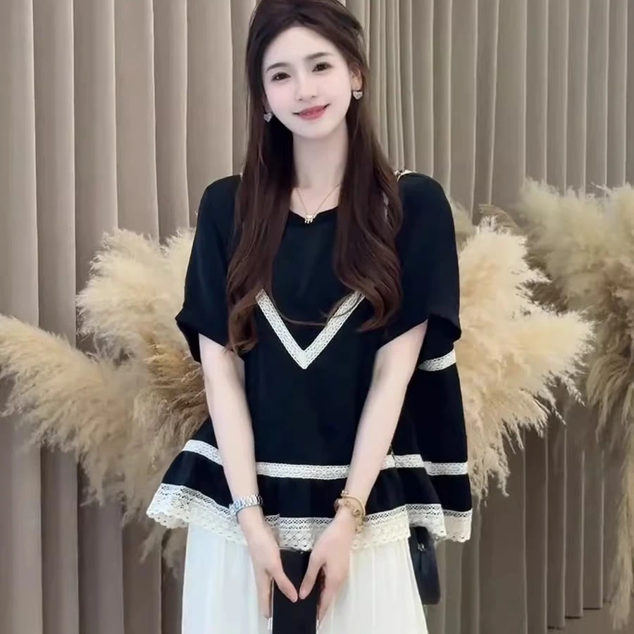 法式蕾丝拼接短袖T恤女2025夏季新款宽松显瘦百搭小衫上衣洋气潮