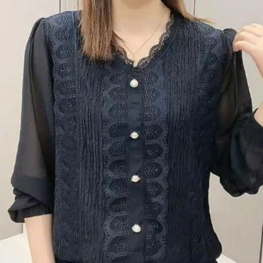 蕾丝韩版V领纯色长袖百搭蕾丝衫蓝色上衣女士衬衫FF0020