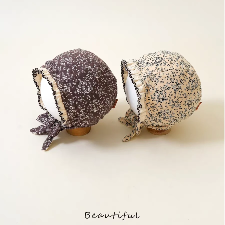 婴儿帽子口水巾春秋季田园碎花儿童胎帽子女宝宝新生儿宫廷护耳帽