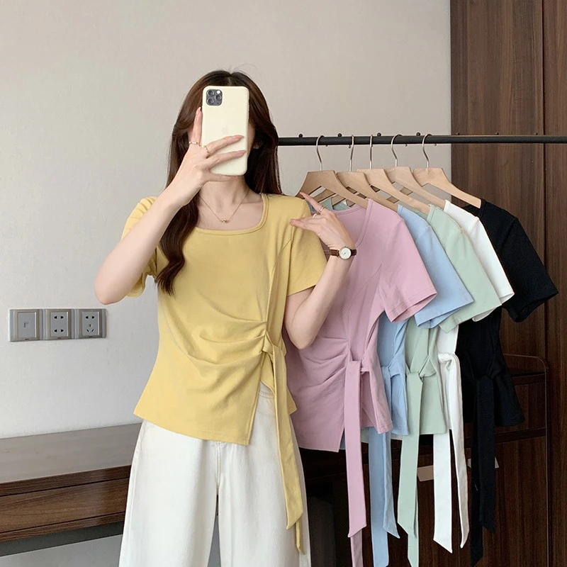 时尚百搭T恤2025夏新大码宽松显瘦法式圆领不规则绑带别致短袖女