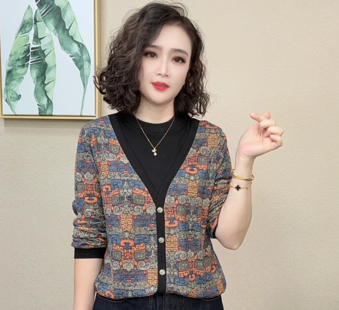 2025秋季女士圆领长袖气质时尚显瘦耐磨抗皱洋气拼接T恤#12957