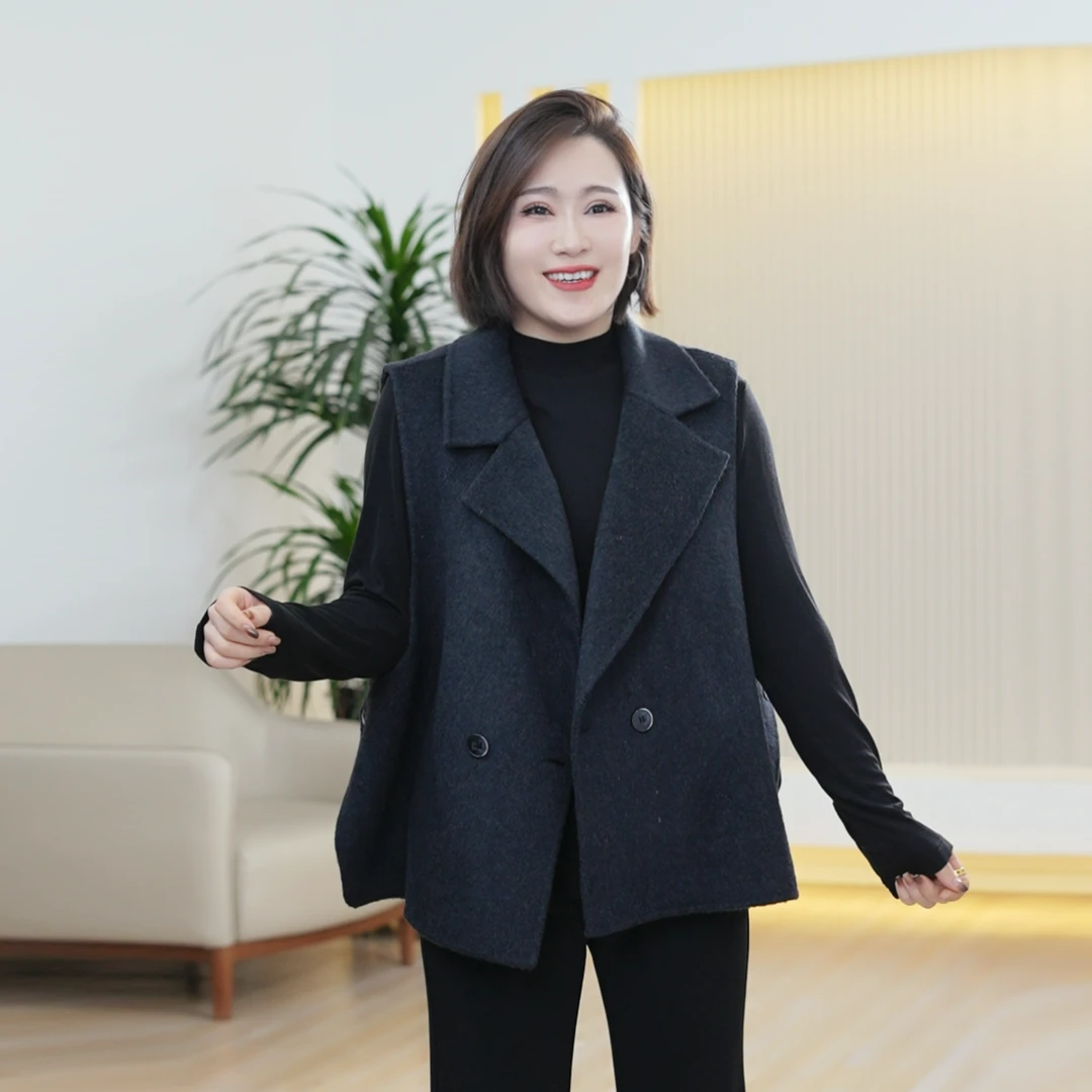 绵羊毛双面呢马甲女大码显瘦气质保暖两粒扣秋季背心毛呢外套外搭