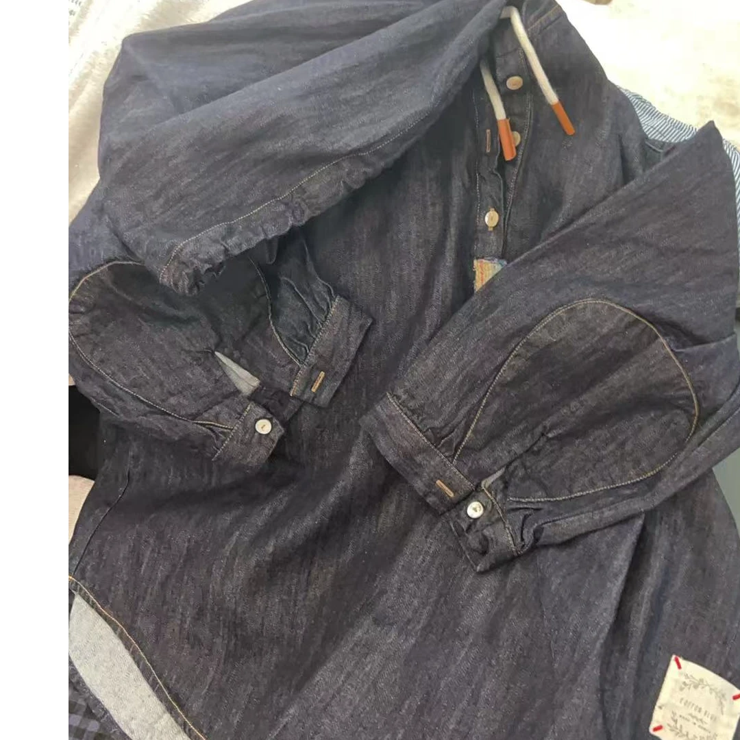 【NO退NO换】韩国东大门2025春款蓝黑色连帽小标抽绳牛仔衬衣外套