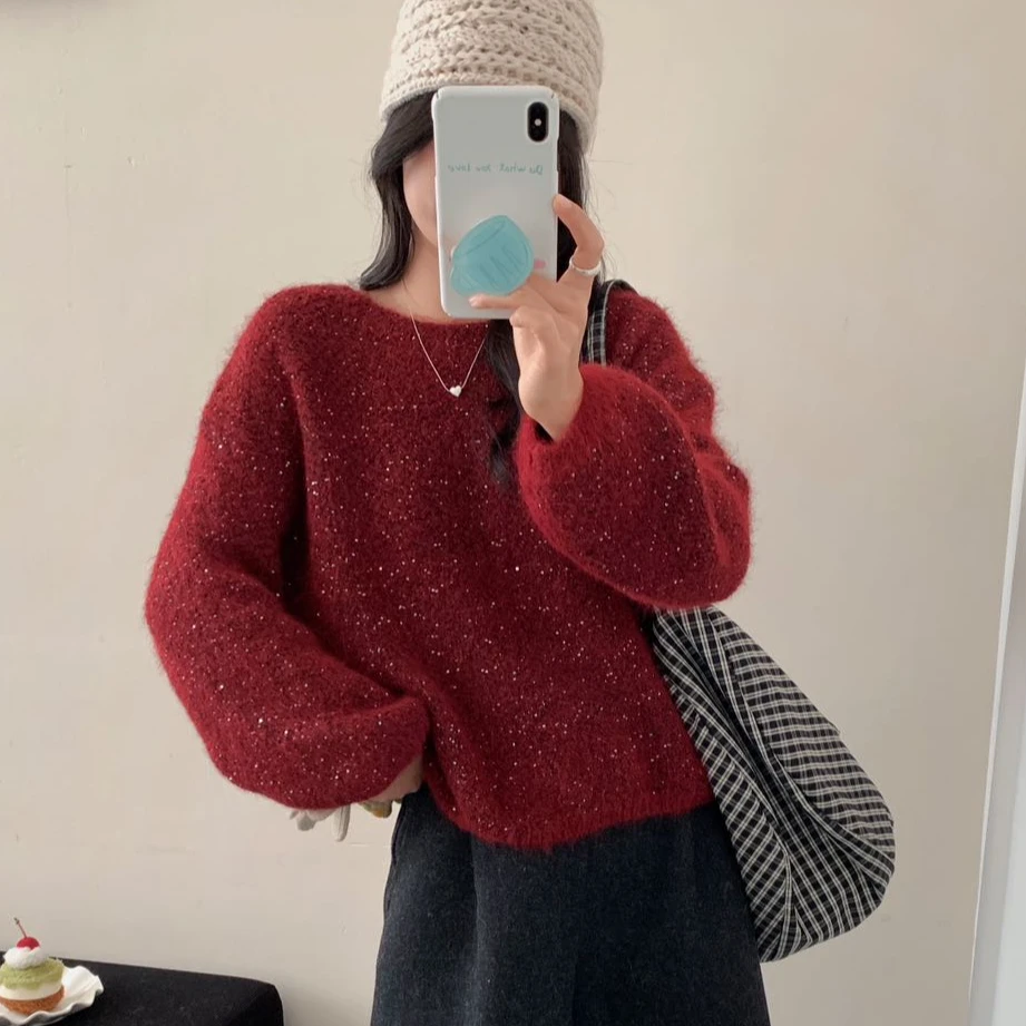 重工亮片圆领套头毛衣女2025秋冬新款宽松软糯短款针织打底上衣