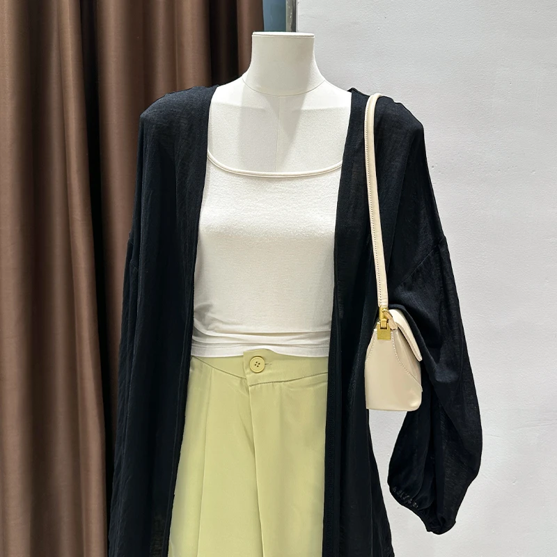 2025新款软糯黑色长袖针织衫女轻薄百搭开衫上衣配吊带裙防晒外搭