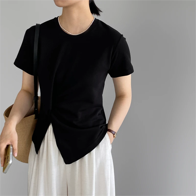 2025夏不规则收褶收腰设计感针织T恤女正肩小众短款上衣休闲百搭