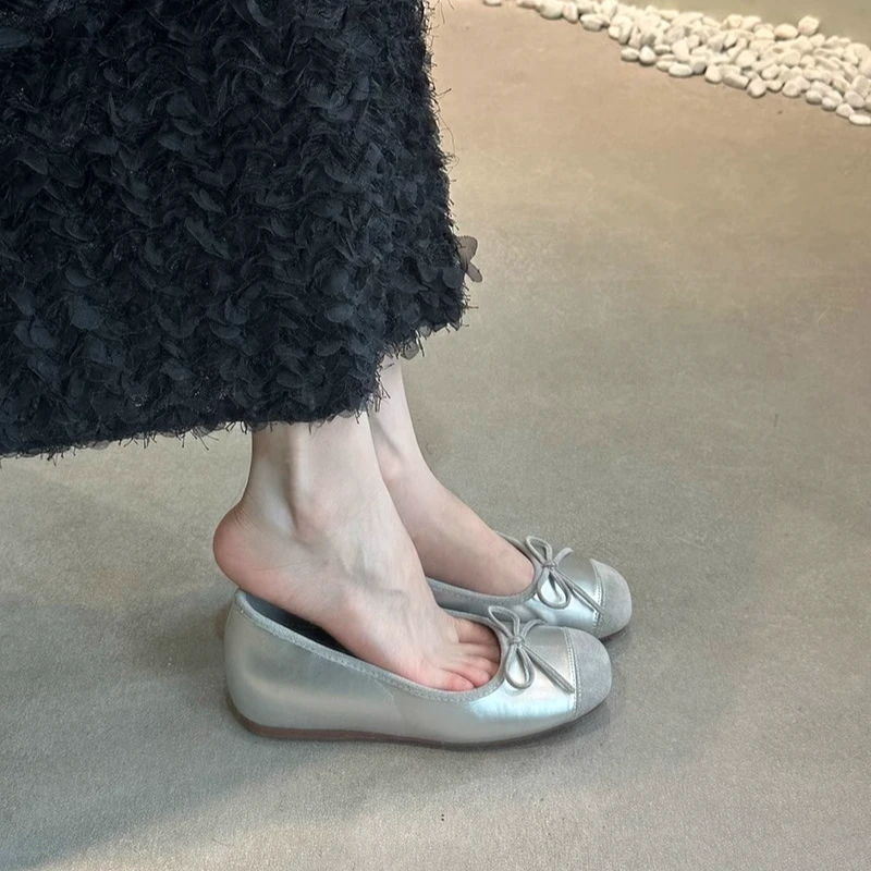 内增高5CM温柔晚晚鞋法式银色芭蕾单鞋女鞋子厚底增高软底奶奶鞋