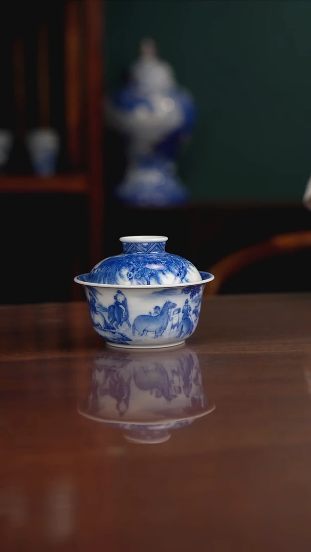 晓竹窑 浴马图盖碗