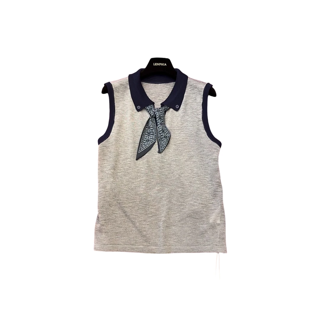 夏季新款POLO剪刀领拼色薄款背心针织衫女上衣5203