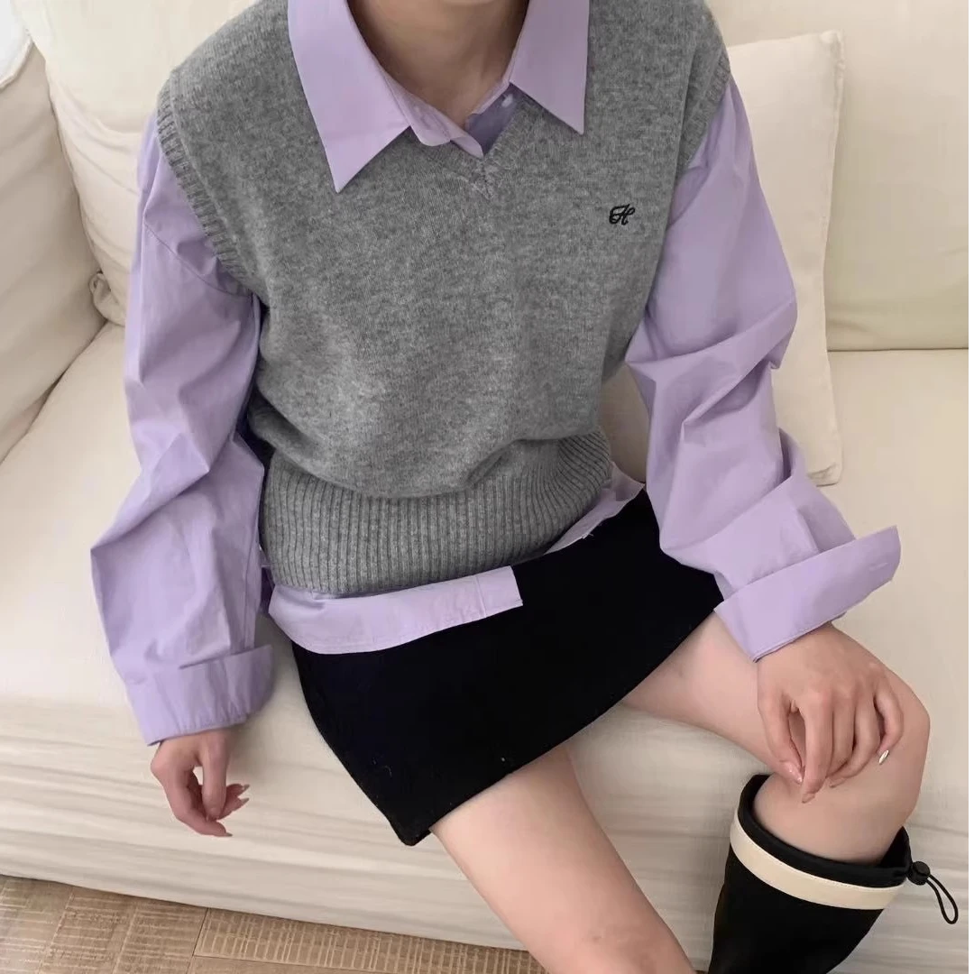 高级灰色V领毛衣马甲女春秋新款设计感无袖坎肩上衣宽松套头背心