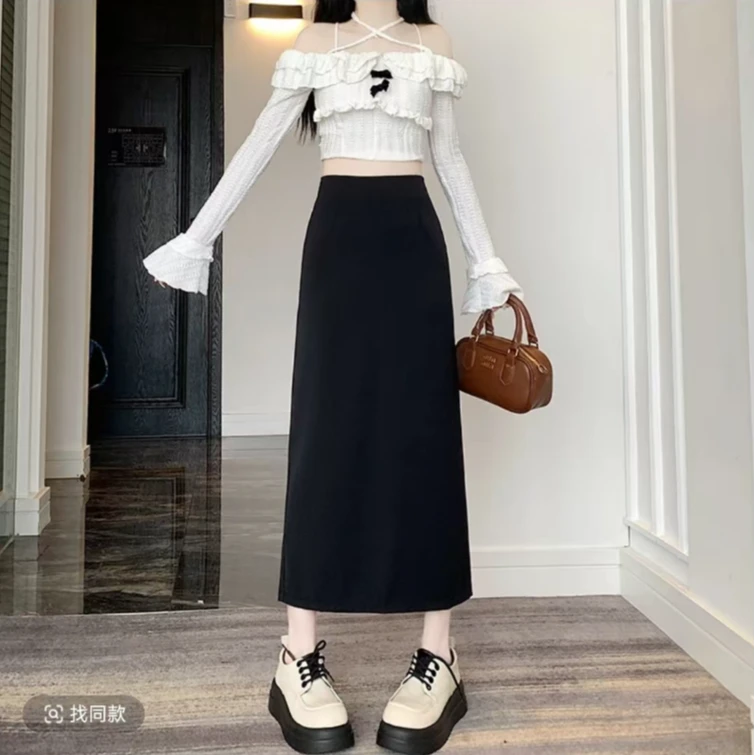 灰色西装半身裙女春秋2025新款高腰显瘦a字中长款后开叉包臀半裙