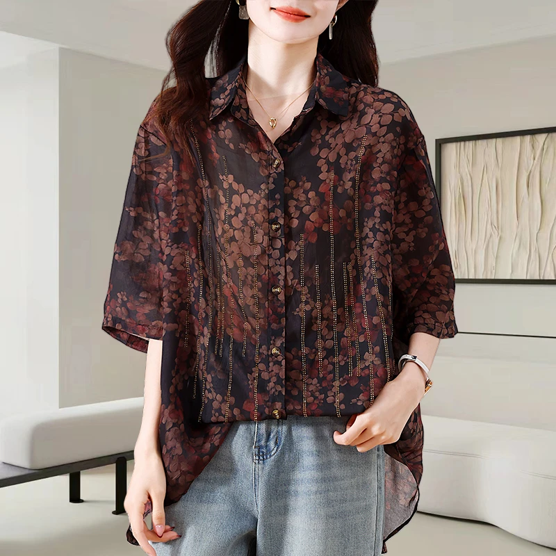 重工烫钻短袖衬衫女士2025夏季新款洋气减龄宽松休闲显瘦大码上衣