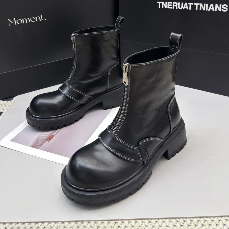 15207复古马丁靴女厚底增高2025年秋冬新款前拉链真皮粗跟短靴