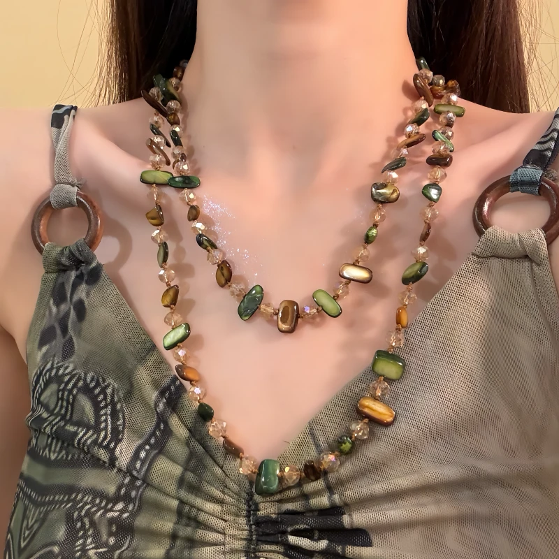 钛钢项链 中古风波西米亚彩色贝壳串珠双层项链2025新款轻奢复古