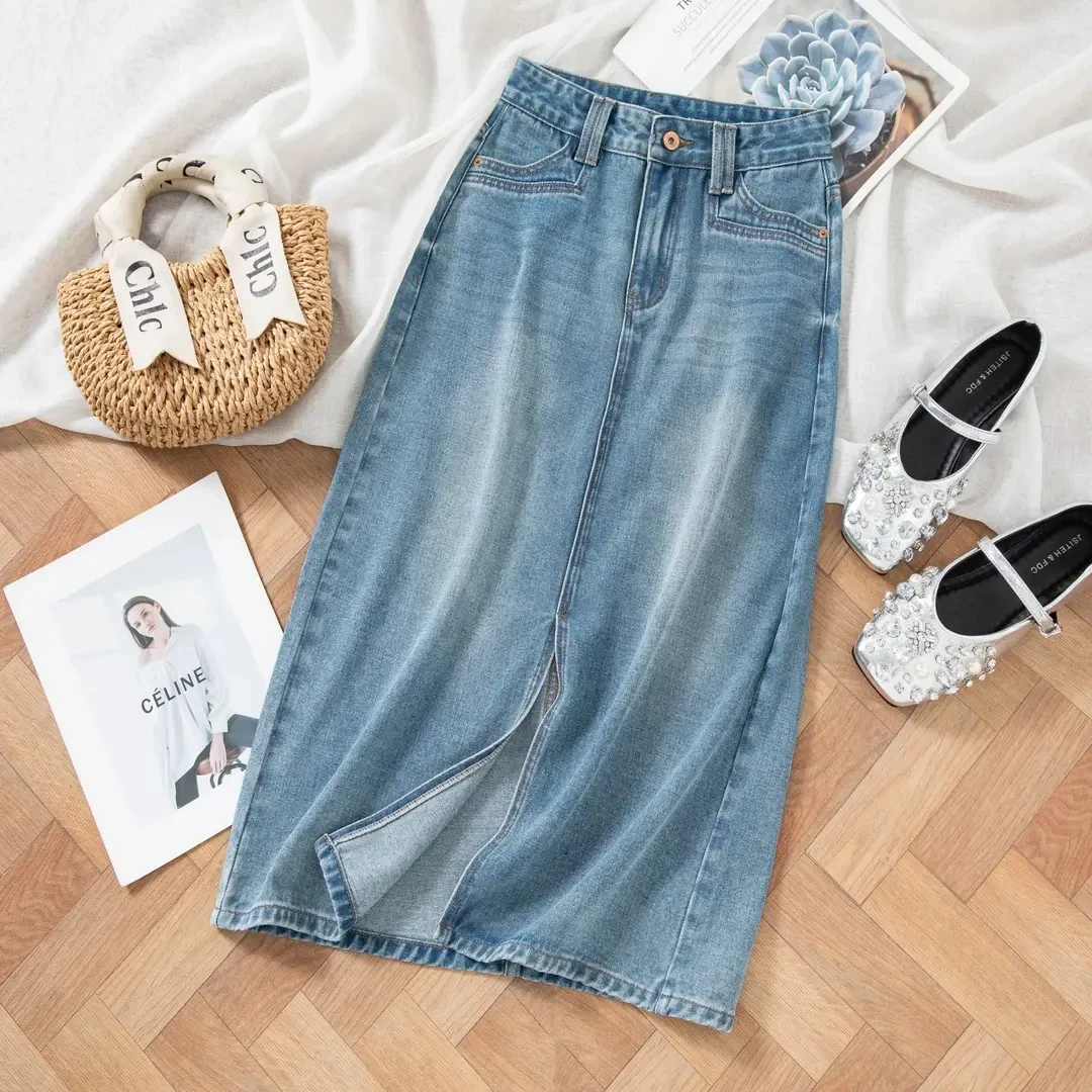 夏季薄款浅色刺绣高腰A字开叉牛仔半身裙女宽松百搭显瘦中长裙