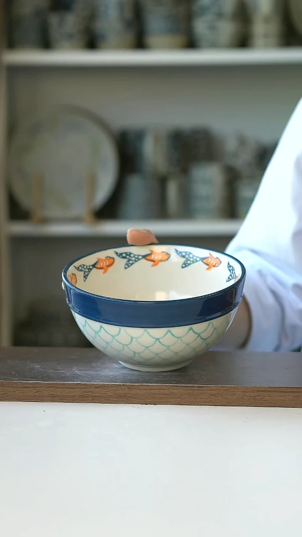 微瑕手绘青海鱼面碗14cm@7-7@
