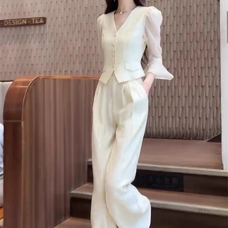 欧货时尚套装女2025夏季新款女神开衫拼纱上衣收腰显瘦西裤两件套