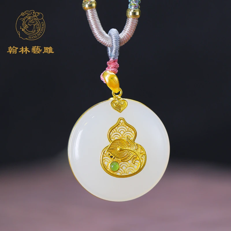 足金金镶玉古法金掐丝凤尾葫芦宫廷风时尚百搭送母亲礼和田玉吊坠