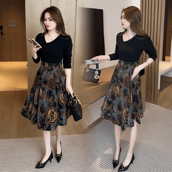 秋季新品时尚气质连衣裙2025早秋新款减龄百搭印花拼接中长裙子潮