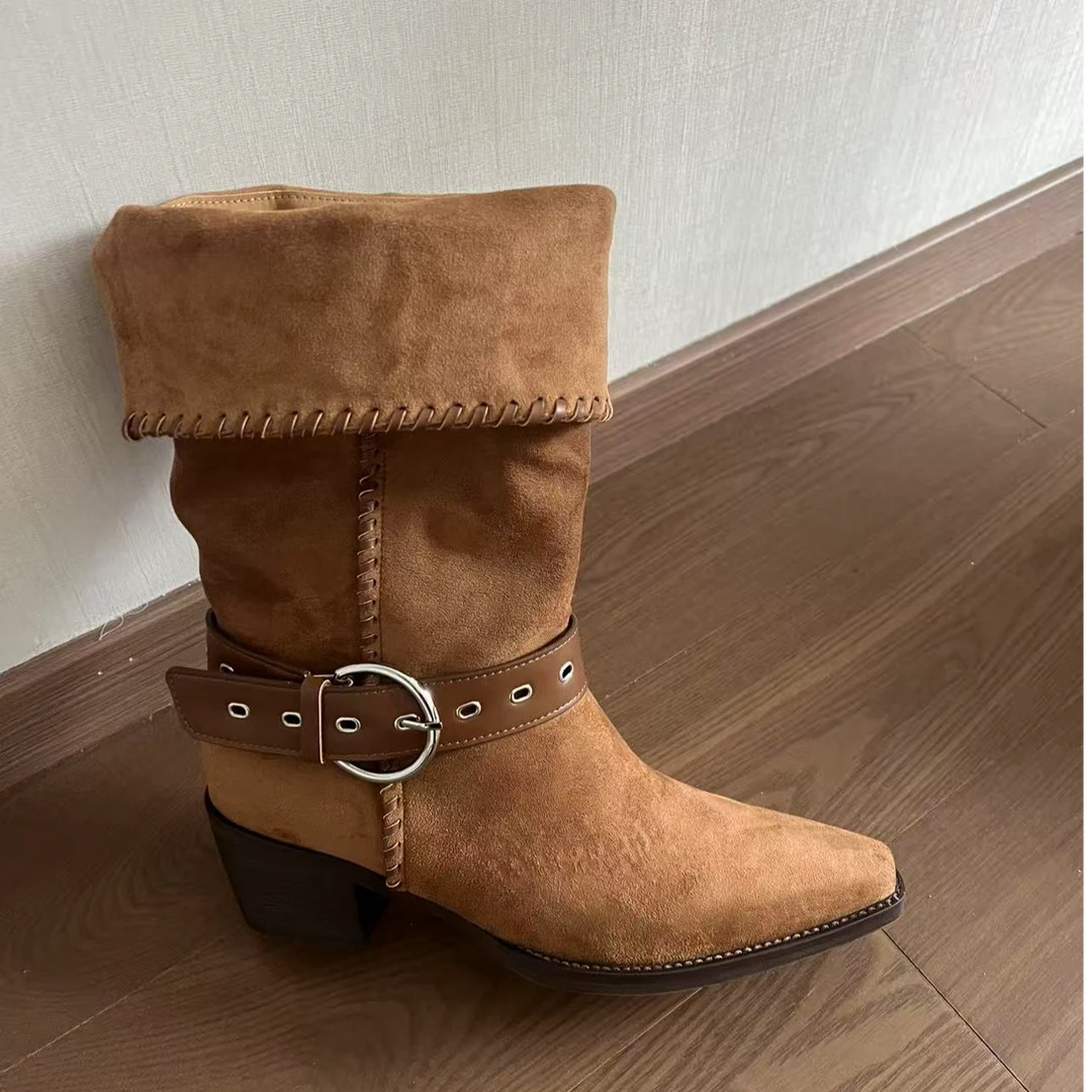 ZHIYU2025复古棕色粗跟骑士靴 西部大筒堆堆靴 显瘦两穿女靴5.5cm