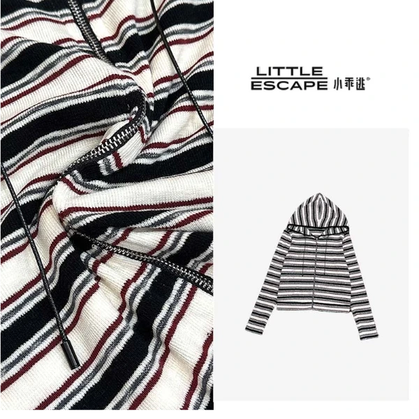 小乖逃休闲时尚小条纹外套开衫T恤条纹连帽灰紫条纹百搭T8028