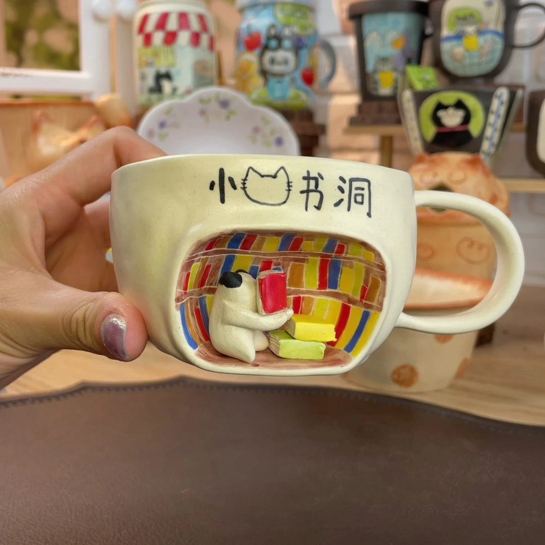景德镇创意手绘可爱设计师款文创猫书洞