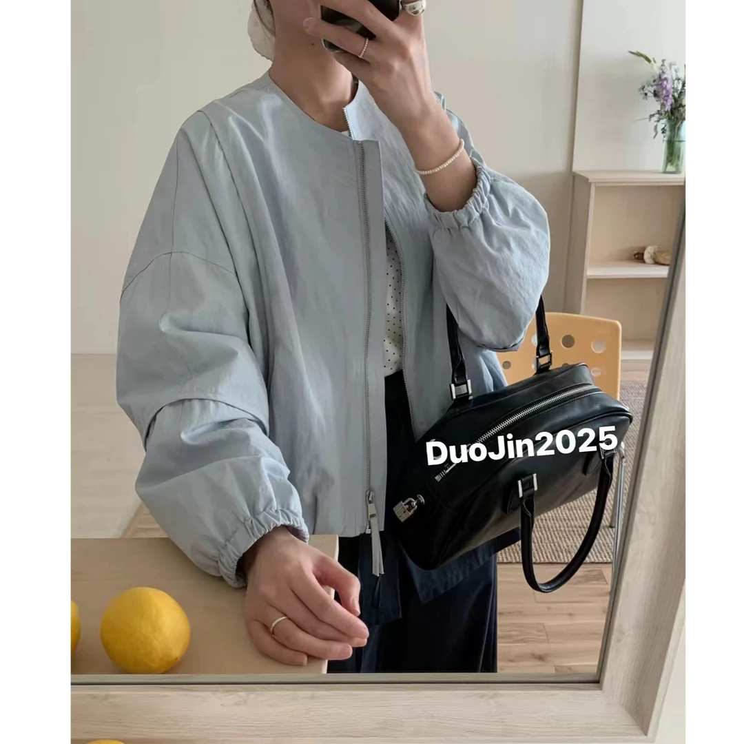 韩版极简纯色小个子棒球服女外套2025春新款百搭圆领薄款休闲上衣