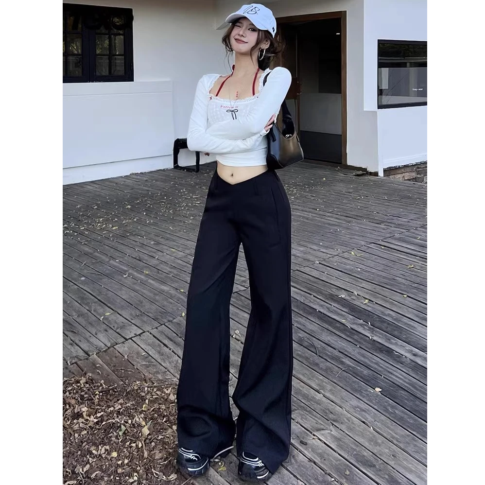 垂感低腰西装阔腿裤女装秋季新款辣妹休闲裤宽松微喇叭裤子拖地裤