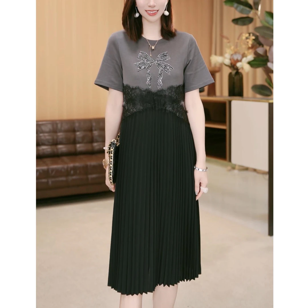 大码胖mm宽松显瘦中长裙子女夏季新款时尚减龄气质蕾丝短袖连衣裙