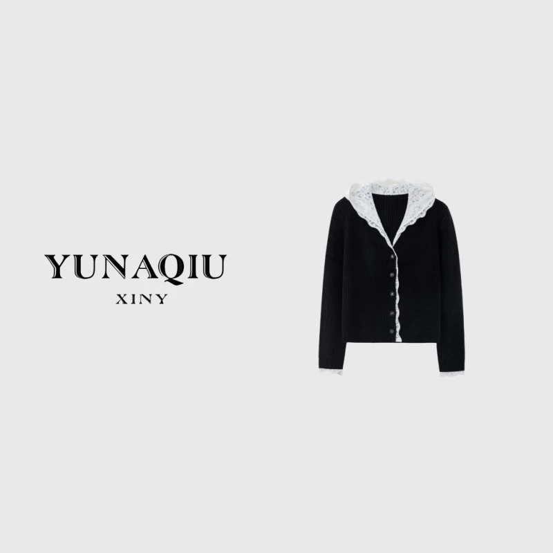 YUNAQIU-小香风长袖短款黑色时尚百搭针织衫-8716