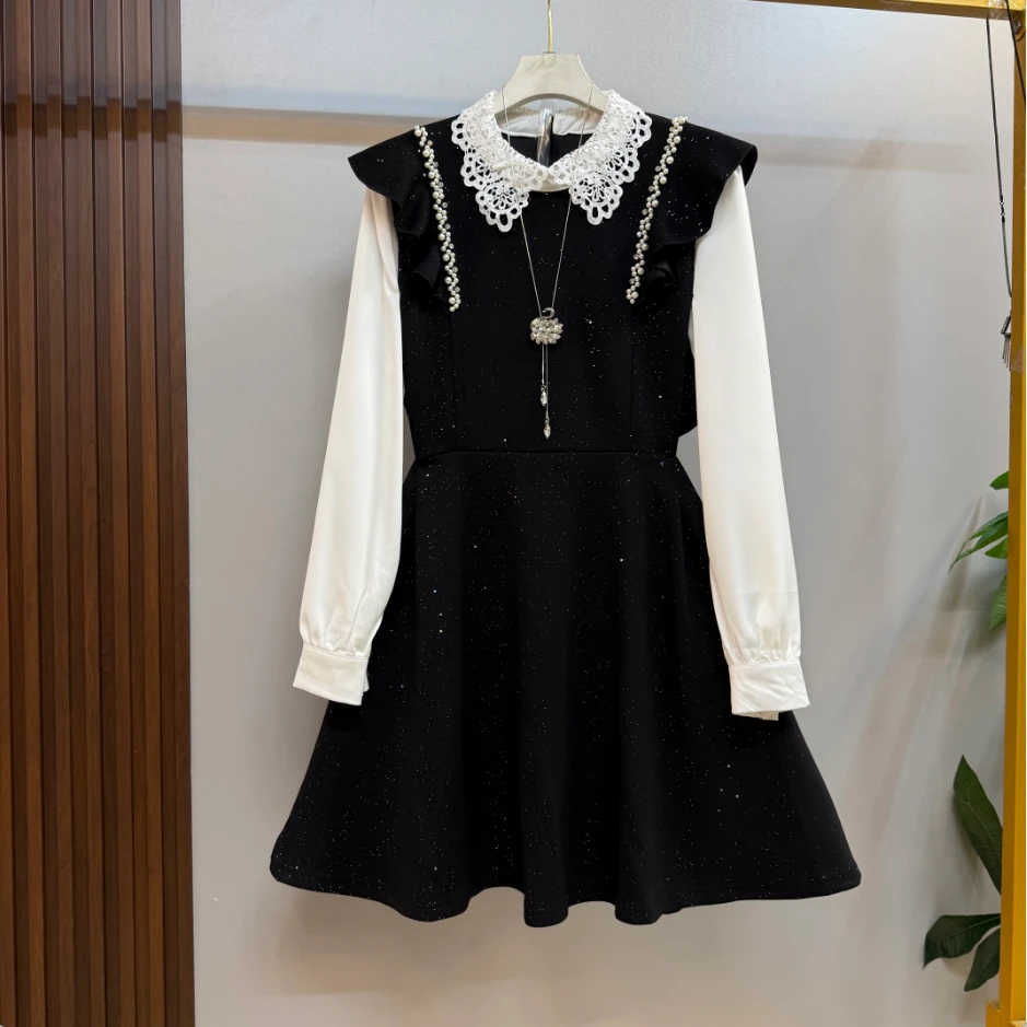 大码新款时尚洋气重工钉珠点缀假两件拼接精致显瘦连衣裙