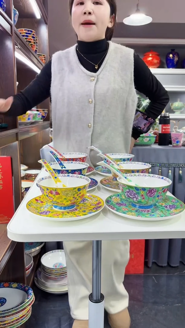 珐琅三件套碟碗勺6套景德镇陶瓷