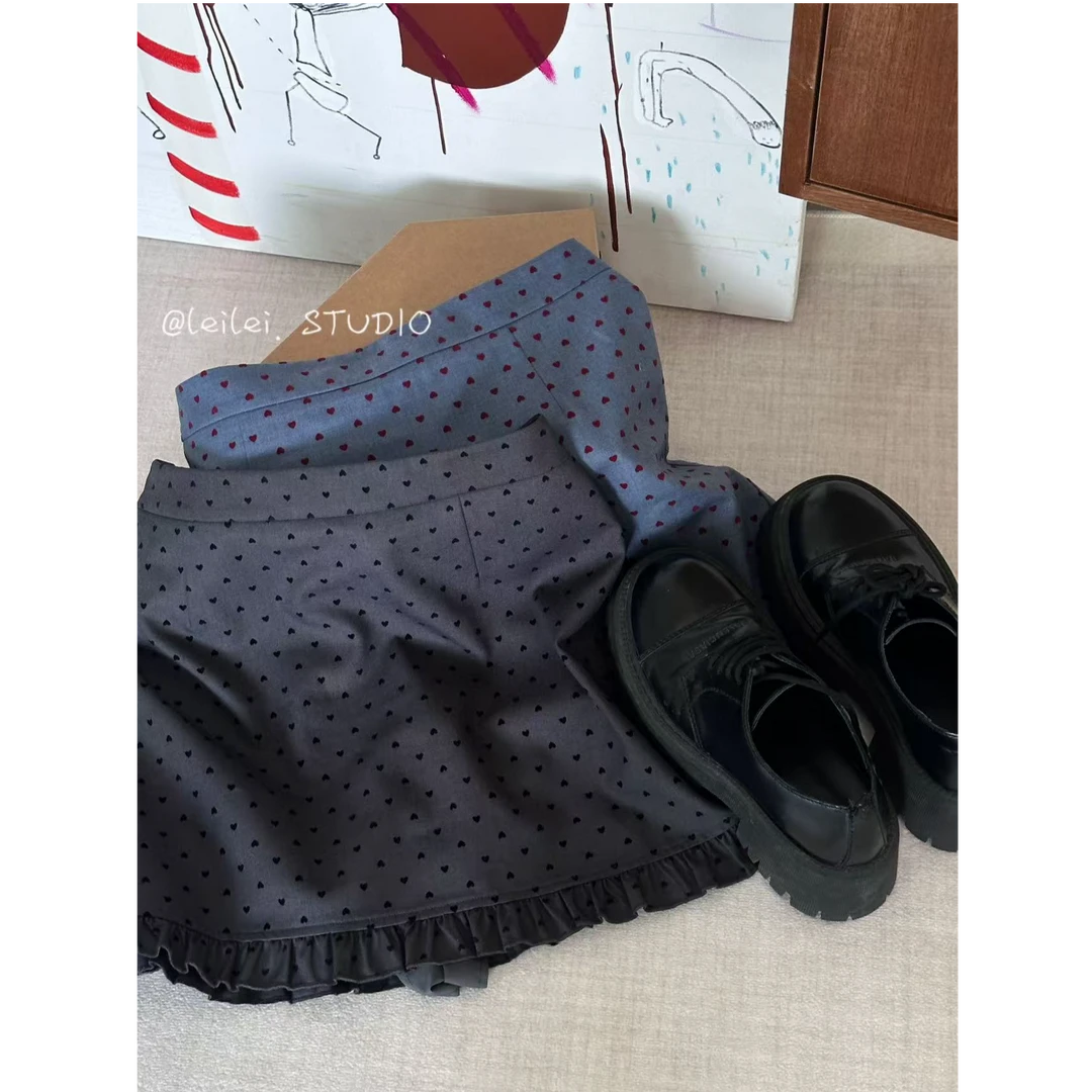 晶咕【天生优雅】设计感下边花边高腰植绒爱心A字半身裙