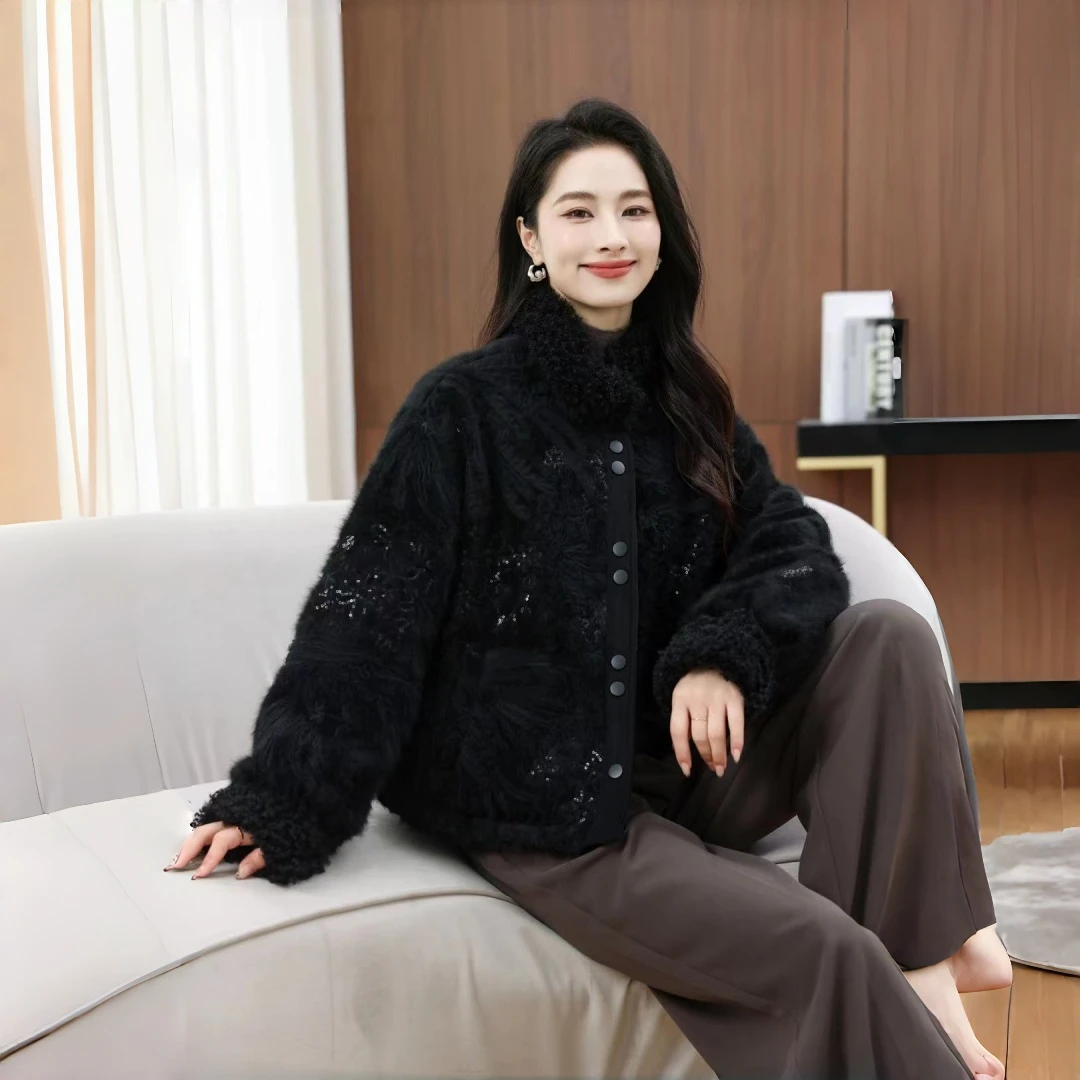 立领单排扣纯色女短款厚款短外套保暖冬季毛绒刺绣棉外套时尚开衫