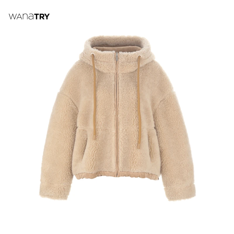 【自播专享】wana try 卡其色复合皮毛一体连帽厚外套（可双面穿）