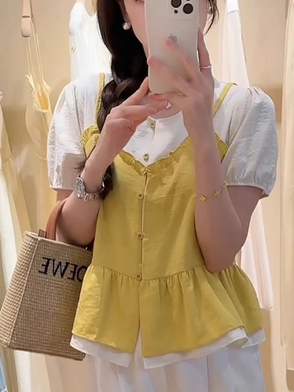 大码胖MM撞色拼接假两件T恤2025夏季新款洋气荷叶边设计感上衣女