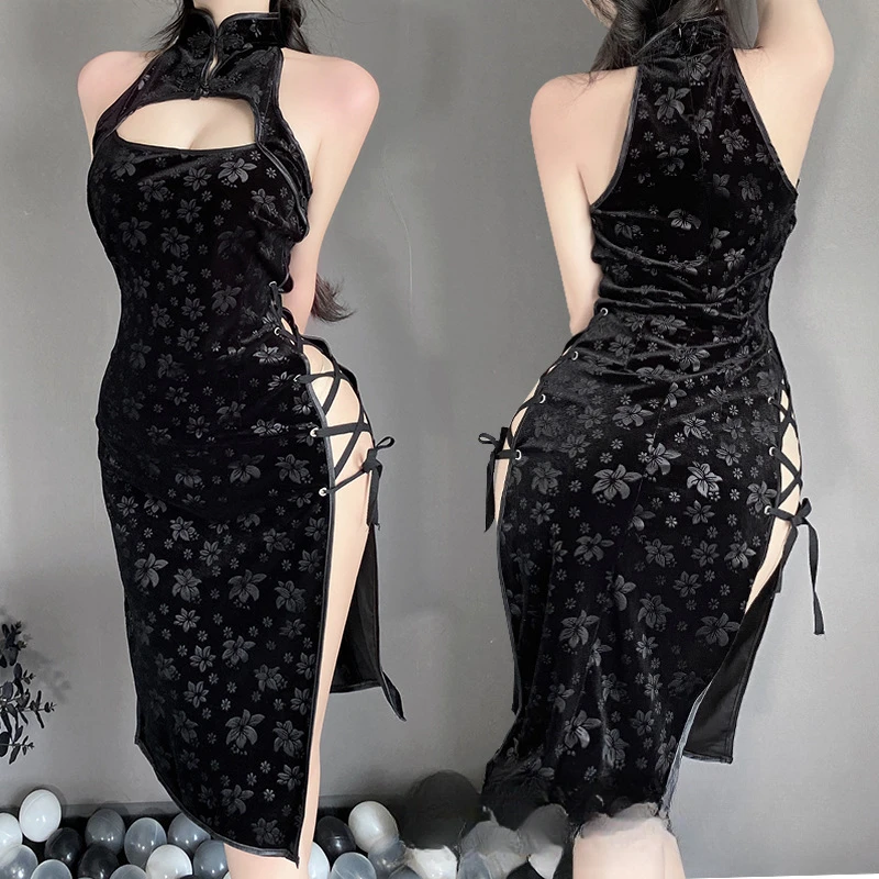 温柔大姐姐黑色夏季连衣裙长裙裙子款复古睡裙旗袍开叉无袖旗袍