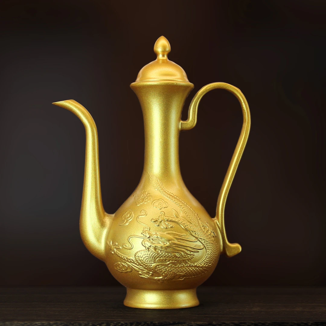 黄铜《龙凤高酒壶》龙凤酒壶纯黄铜酒壶铜茶壶供桌茶桌面摆件