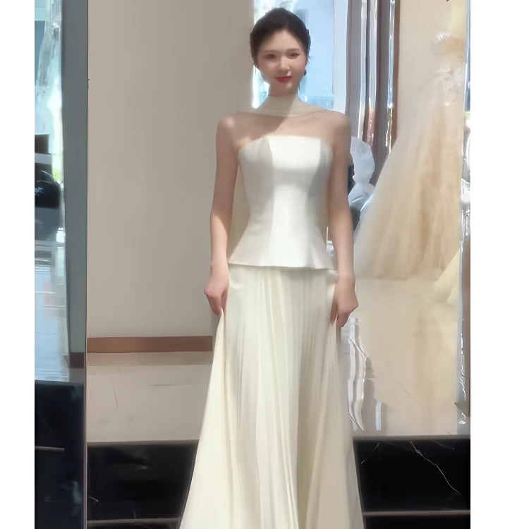 抹胸新娘轻婚纱 缎面法式出门纱 迎宾纱