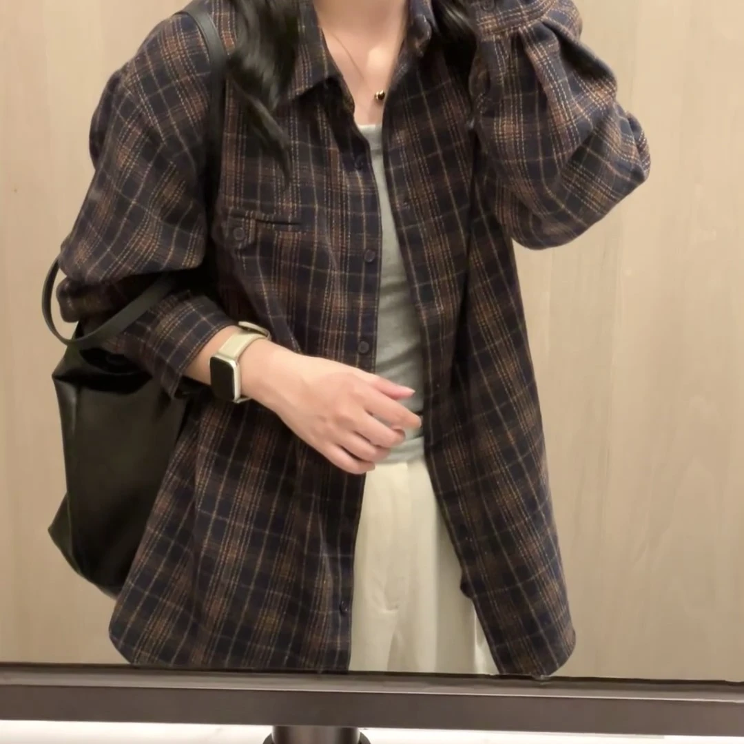 别致超好看加厚格子磨毛衬衫外套女宽松休闲慵懒风中长款衬衣ins